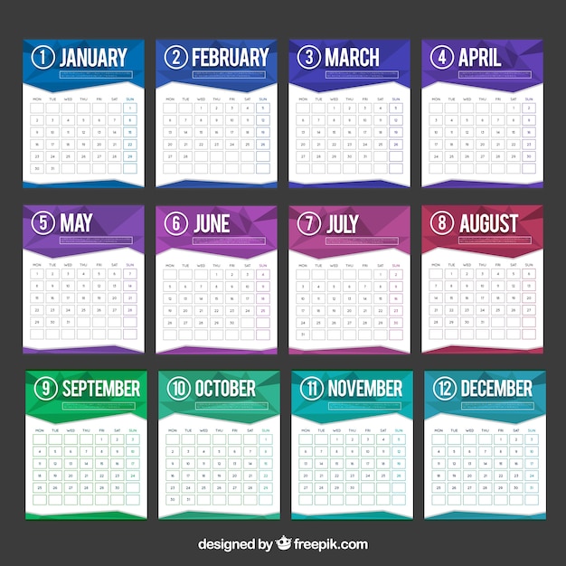 Vecteur gratuit modèle de calendrier fantastique avec des polygones colorés