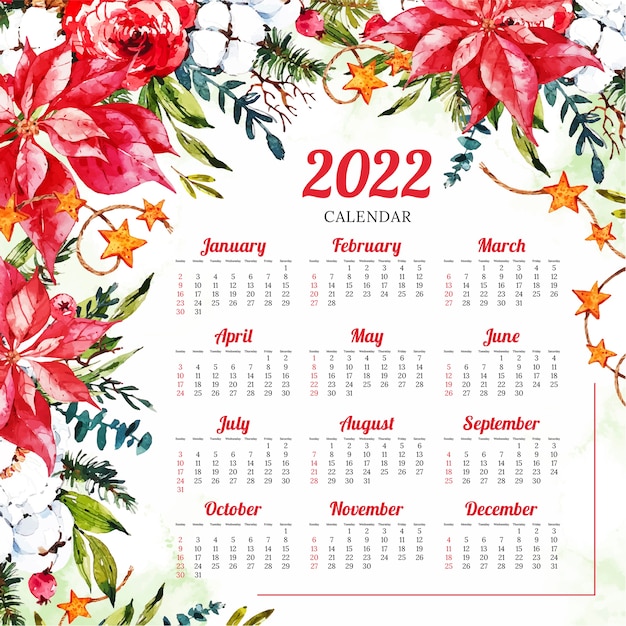 Vecteur gratuit modèle de calendrier festif aquarelle 2022