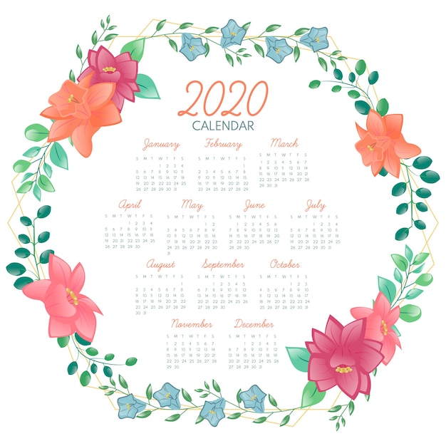 Vecteur gratuit modèle de calendrier floral 2020