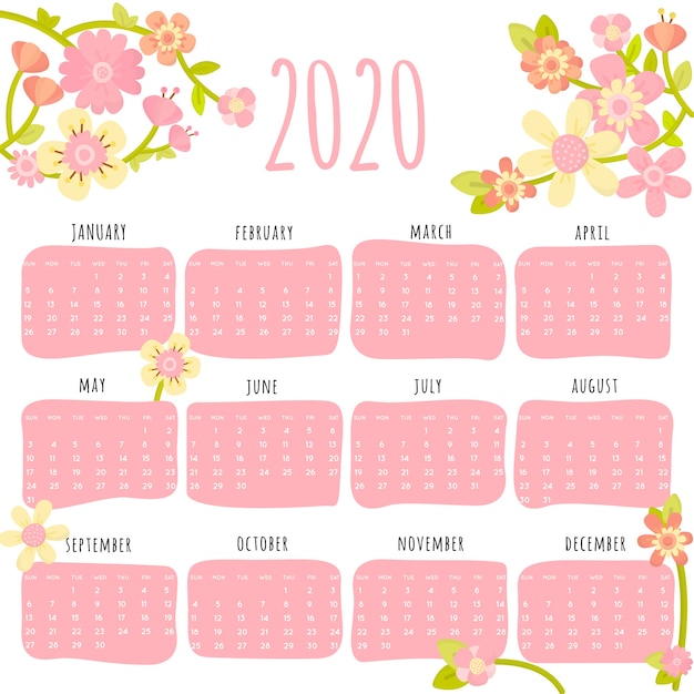 Vecteur gratuit modèle de calendrier floral 2020