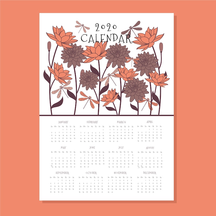 Vecteur gratuit modèle de calendrier floral 2020