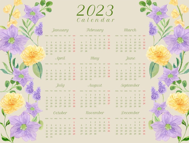 Modèle De Calendrier Floral Aquarelle