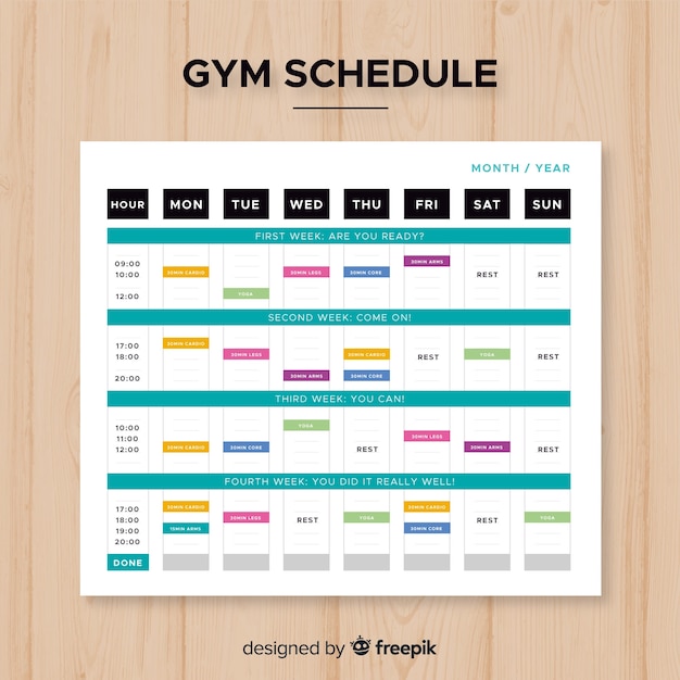 Vecteur gratuit modèle de calendrier de gym moderne avec un design plat