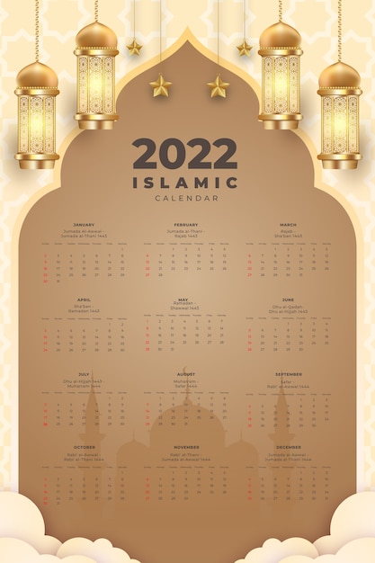 Vecteur gratuit modèle de calendrier islamique réaliste 2022