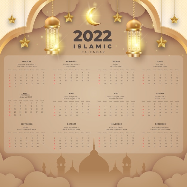 Vecteur gratuit modèle de calendrier islamique réaliste 2022