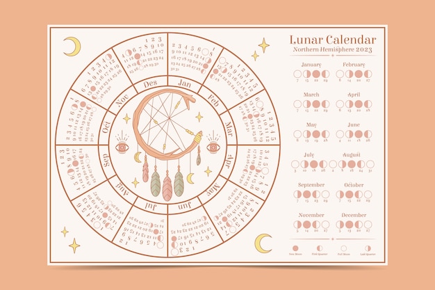 Modèle de calendrier lunaire 2023 dessiné à la main