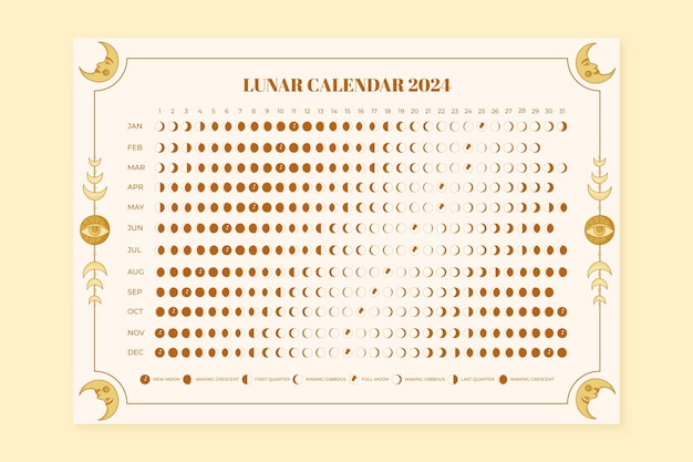 Vecteur gratuit modèle de calendrier lunaire 2024 dessiné à la main avec des éléments ésotériques