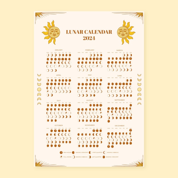 Vecteur gratuit modèle de calendrier lunaire 2024 dessiné à la main avec des éléments ésotériques