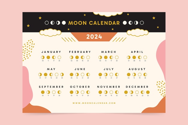 Vecteur gratuit modèle de calendrier de lune plate pour 2024