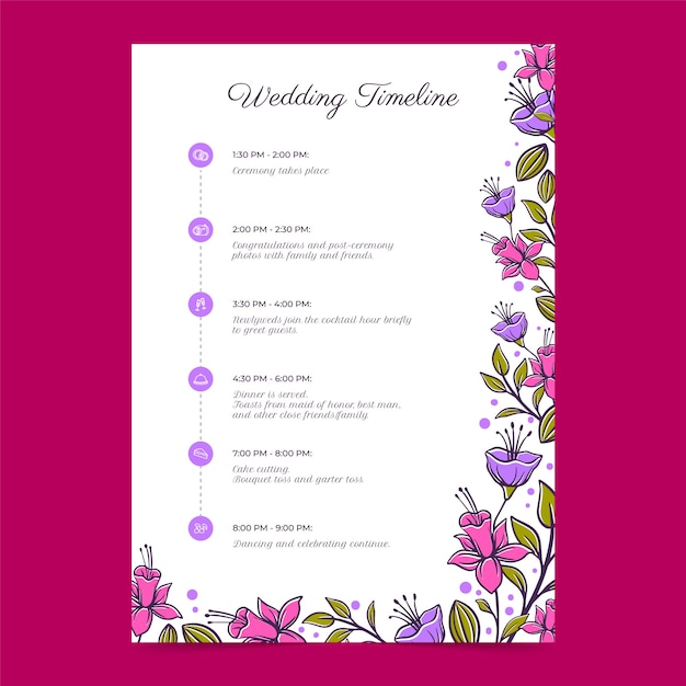 Vecteur gratuit modèle de calendrier de mariage floral