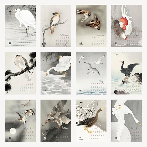 Modèle De Calendrier Mensuel Bird 2022, Ensemble De Vecteurs De Conception Japonaise Vintage. Remix D'œuvres D'art Vintage D'ohara Koson.