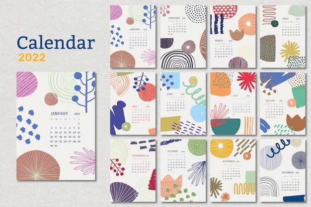 Modèle de calendrier mensuel floral 2022, ensemble de vecteurs abstraits de memphis