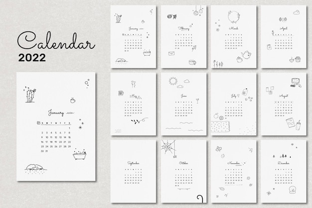 Vecteur gratuit modèle de calendrier mensuel mignon 2022, ensemble de vecteurs d'illustration de griffonnage minimal