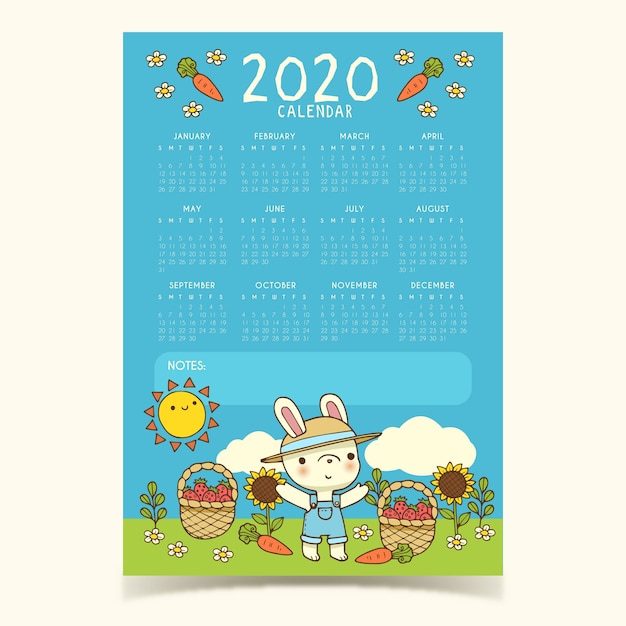 Vecteur gratuit modèle de calendrier mignon 2020