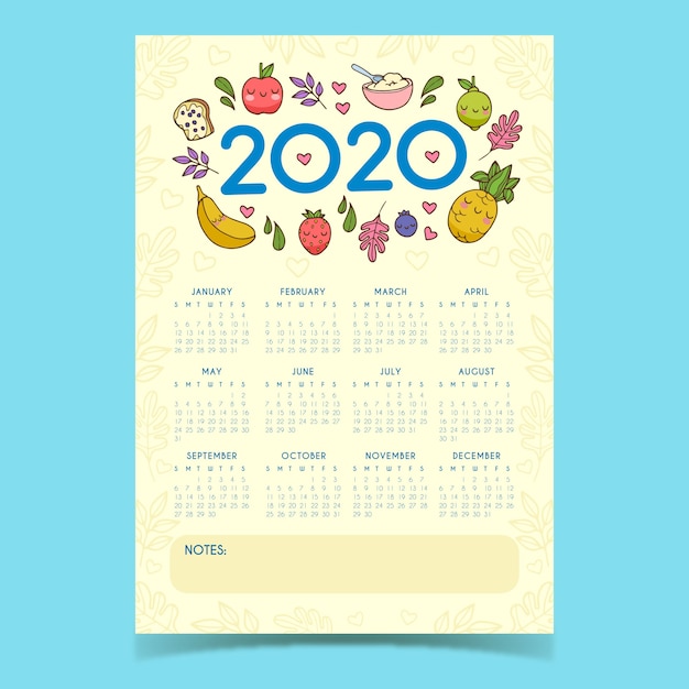 Vecteur gratuit modèle de calendrier mignon 2020