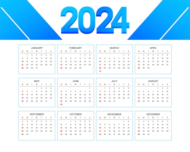 Vecteur gratuit modèle de calendrier moderne pour le nouvel an 2024 en couleurs blanc et bleu