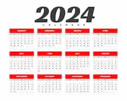 Vecteur gratuit modèle de calendrier mural blanc et rouge 2024 calendrier des événements vecteur