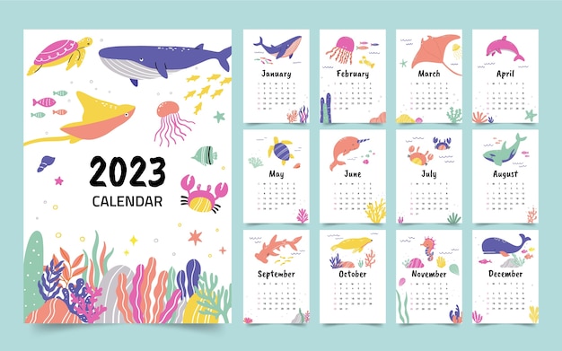 Vecteur gratuit modèle de calendrier mural plat 2023