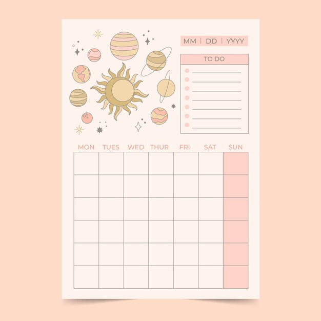 Modèle de calendrier de planificateur mensuel 2023 dessiné à la main
