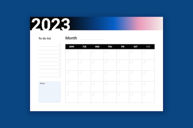 Vecteur gratuit modèle de calendrier de planificateur mensuel dégradé 2023