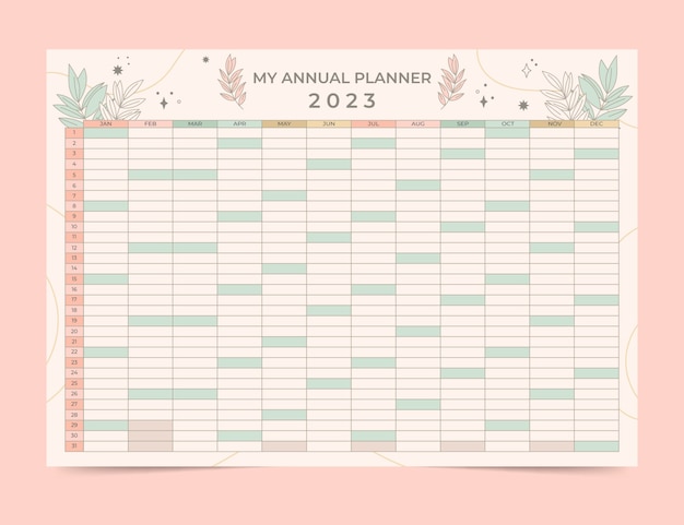 Modèle de calendrier de planificateur mural annuel 2023 dessiné à la main