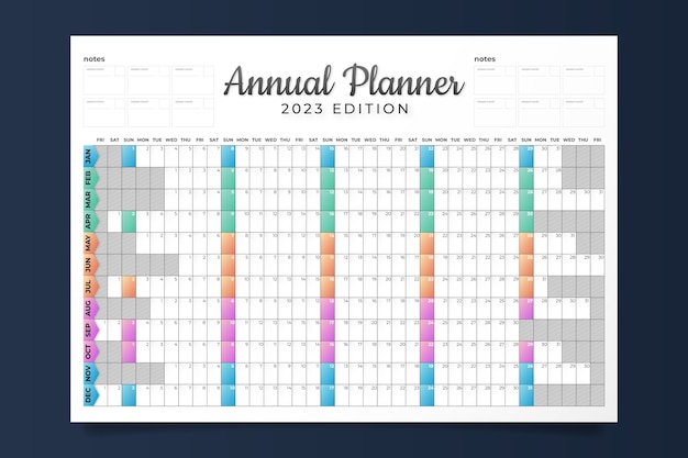 Vecteur gratuit modèle de calendrier de planificateur mural annuel dégradé 2023