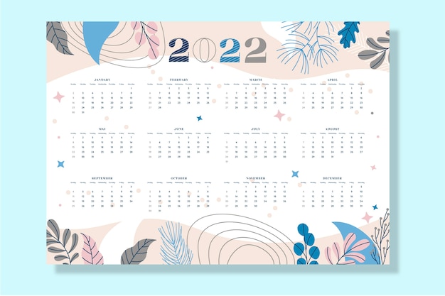 Vecteur gratuit modèle de calendrier plat 2022 dessiné à la main