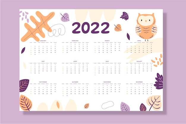 Vecteur gratuit modèle de calendrier plat 2022 dessiné à la main