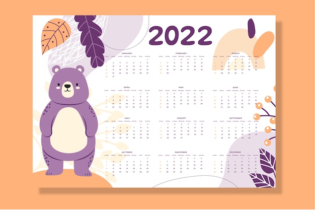 Vecteur gratuit modèle de calendrier plat 2022 dessiné à la main