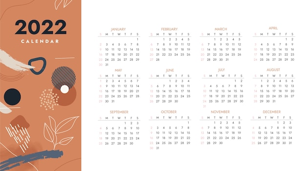 Vecteur gratuit modèle de calendrier plat 2022 dessiné à la main