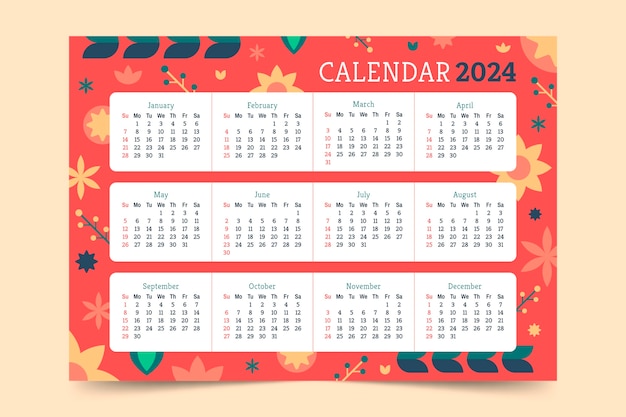 Vecteur gratuit modèle de calendrier plat 2024 avec feuilles et fleurs