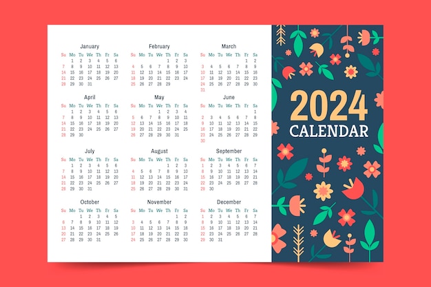 Modèle De Calendrier Plat 2024 Avec Feuilles Et Fleurs