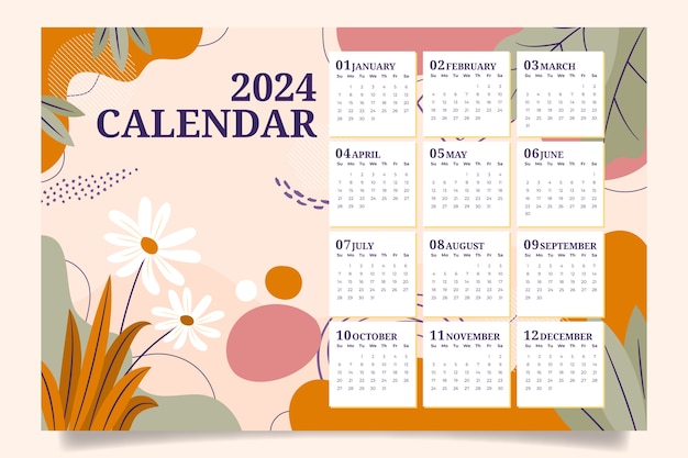 Vecteur gratuit modèle de calendrier plat 2024 avec feuilles