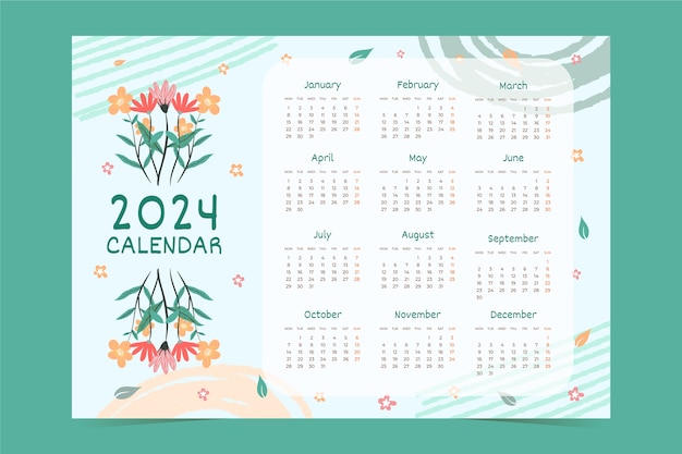 Vecteur gratuit modèle de calendrier plat 2024 avec des fleurs