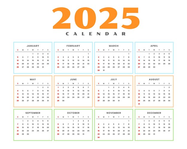Modèle de calendrier pour l'année 2025 pour le mur ou le bureau du bureau