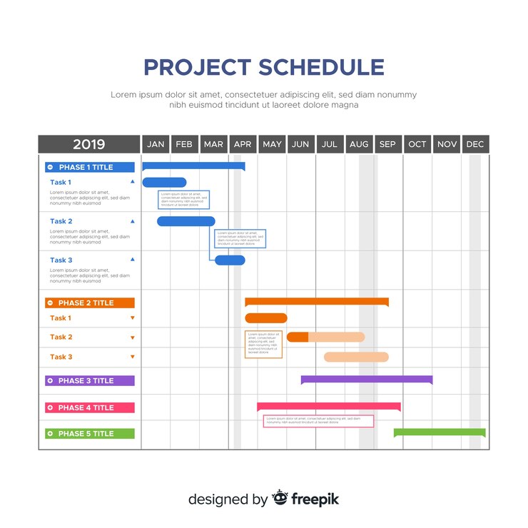 Vecteur gratuit modèle de calendrier de projet coloré avec design plat