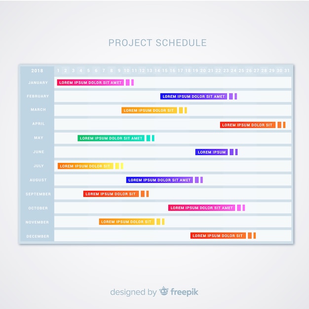 Vecteur gratuit modèle de calendrier de projet coloré avec style dégradé