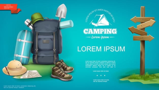Modèle de camping d'été réaliste avec sac de couchage sac à dos chapeau panama baskets carte pelle thermos enseigne en bois illustration