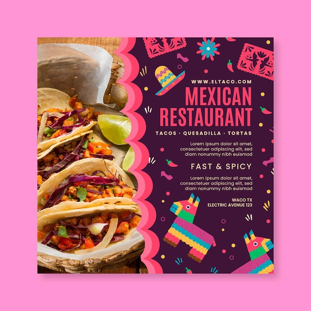 Vecteur gratuit modèle carré de flyer de restaurant mexicain