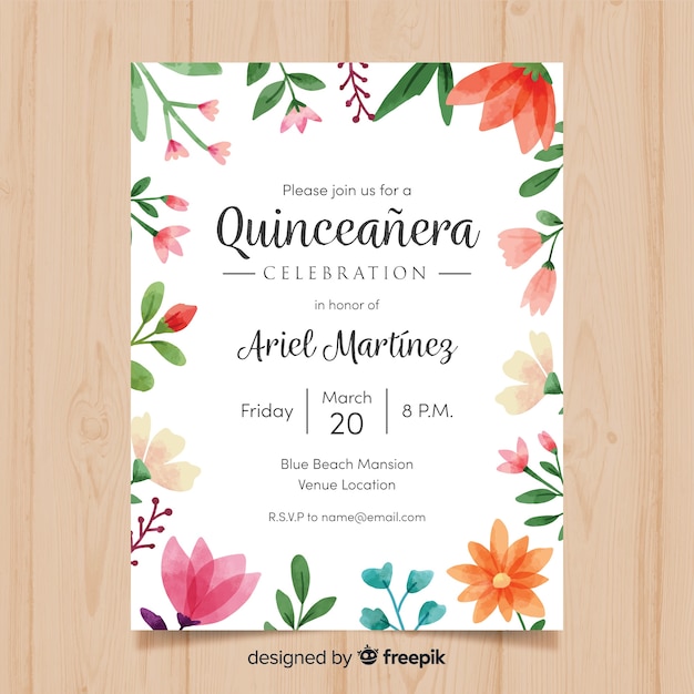 Modèle De Carte Aquarelle Cadre Floral Quinceanera