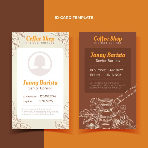 Modèle de carte d'identité de café de gravure dessinée à la main