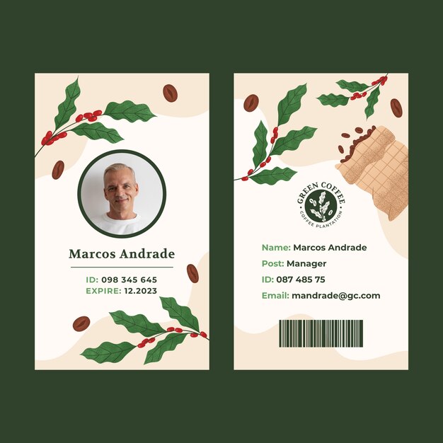 Vecteur gratuit modèle de carte d'identité de plantation de café de texture