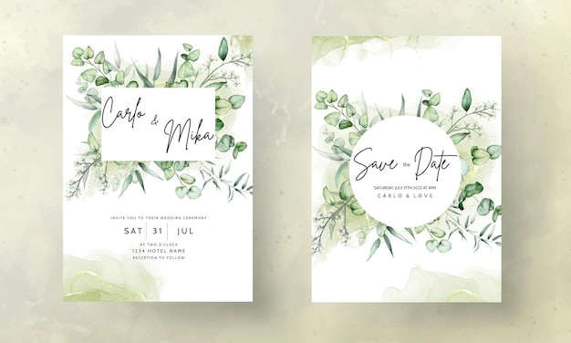 Vecteur gratuit modèle de carte d'invitation de mariage avec aquarelle de feuilles d'eucalyptus