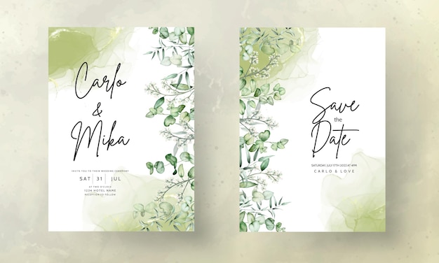 Vecteur gratuit modèle de carte d'invitation de mariage avec aquarelle de feuilles d'eucalyptus