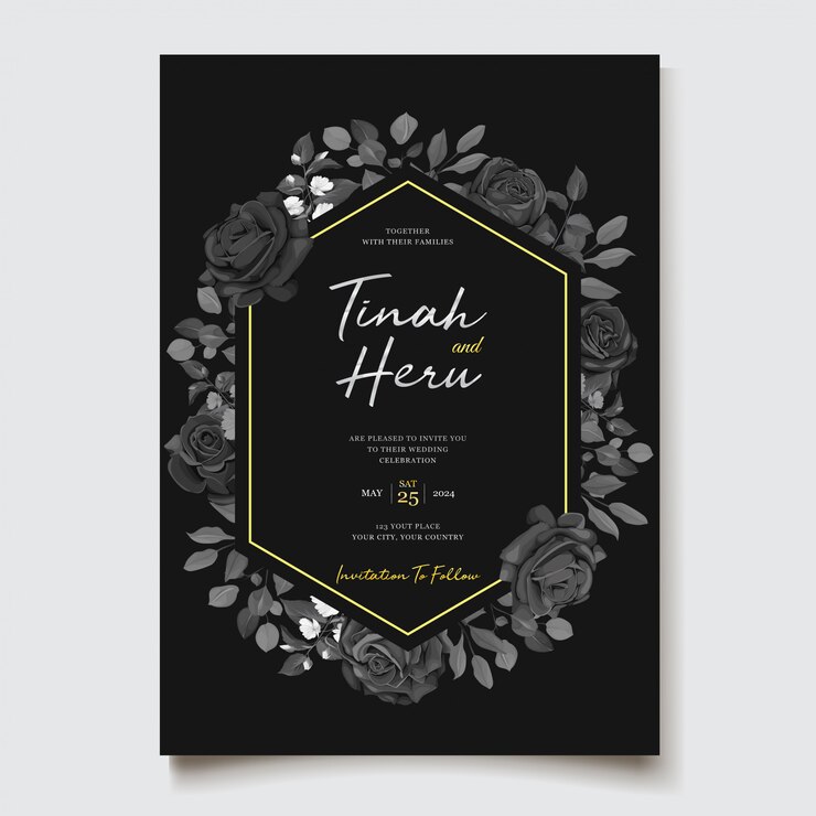 Vecteur gratuit modèle de carte d'invitation de mariage floral noir