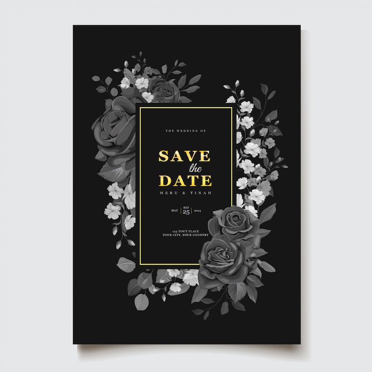 Vecteur gratuit modèle de carte d'invitation de mariage floral noir