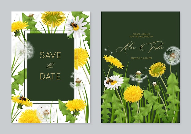 Vecteur gratuit modèle de carte d'invitation de mariage avec des pissenlits réalistes et des fleurs naturelles avec des feuilles