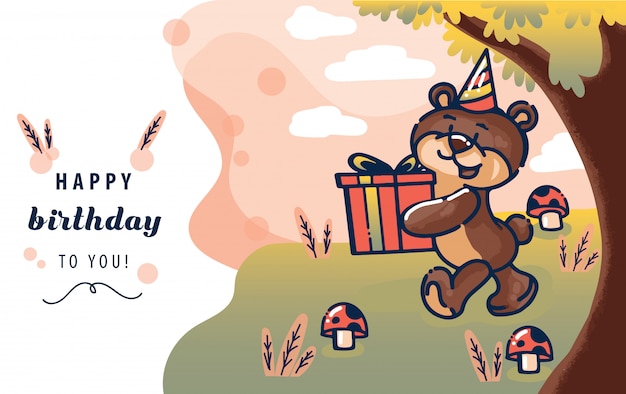 Modele De Carte De Joyeux Anniversaire Avec Ours Brun Donnant Un Cadeau Ou Un Cadeau Dans La Scene De La Foret Illustration Vectorielle Vecteur Premium