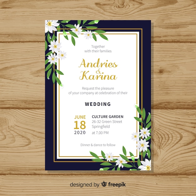 Vecteur gratuit modèle de carte de mariage floral avec cadre doré