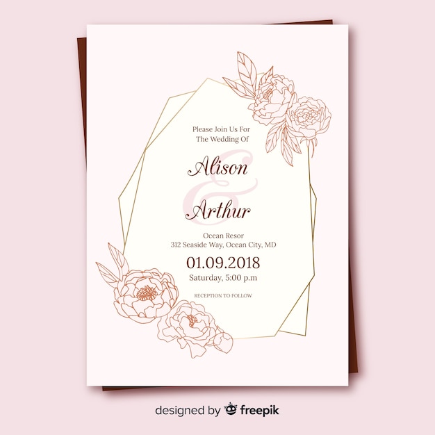 Modèle De Carte De Mariage Floral Avec Cadre Doré